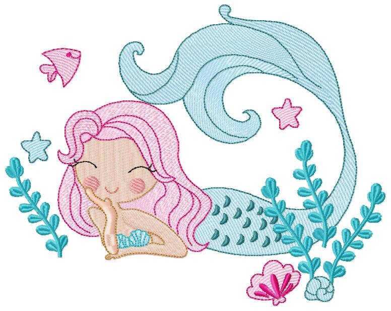 Mermaid embroidery designs - Sea Princess with fishes and algae machine embroidery pattern - Baby Girl file - Instant digital download pes