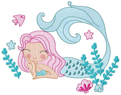 Mermaid embroidery designs - Sea Princess with fishes and algae machine embroidery pattern - Baby Girl file - Instant digital download pes