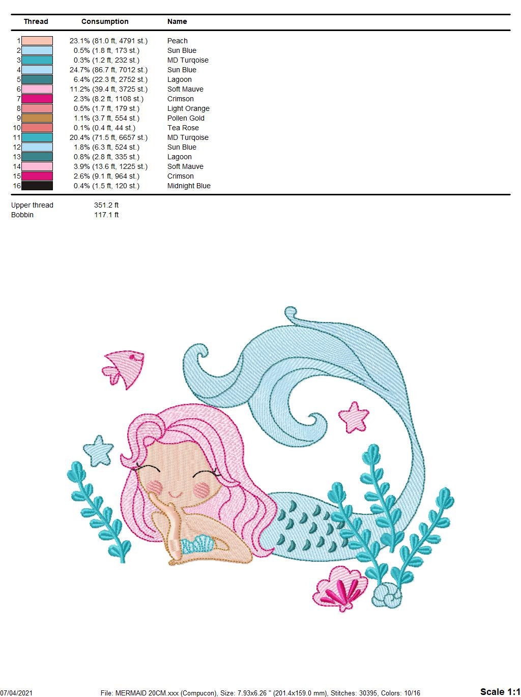 Mermaid embroidery designs - Sea Princess with fishes and algae machine embroidery pattern - Baby Girl file - Instant digital download pes