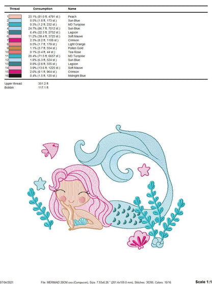 Mermaid embroidery designs - Sea Princess with fishes and algae machine embroidery pattern - Baby Girl file - Instant digital download pes