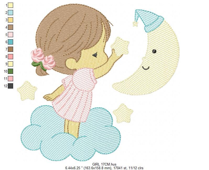 Baby Girl with half moon embroidery designs - Cloud and Moon machine embroidery pattern - Angel with moon file - Instant digital download