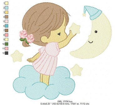 Baby Girl with half moon embroidery designs - Cloud and Moon machine embroidery pattern - Angel with moon file - Instant digital download