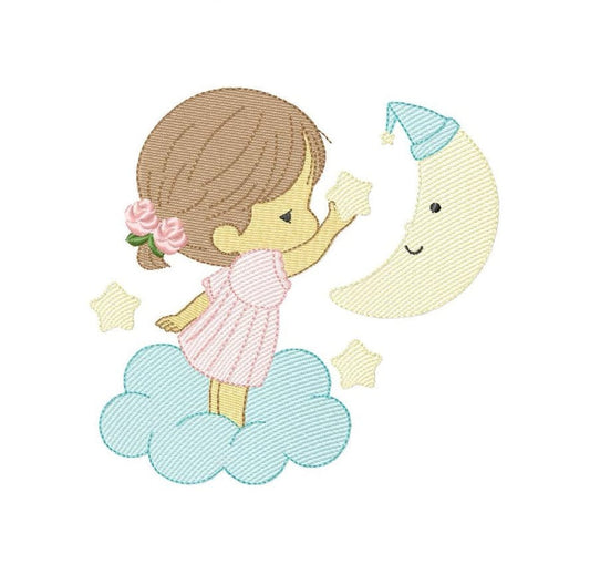 Baby Girl with half moon embroidery designs - Cloud and Moon machine embroidery pattern - Angel with moon file - Instant digital download