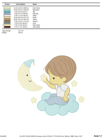 Baby boy with moon and stars embroidery designs - Angel with clouds machine embroidery pattern - Instant digital download pes jef dst hus