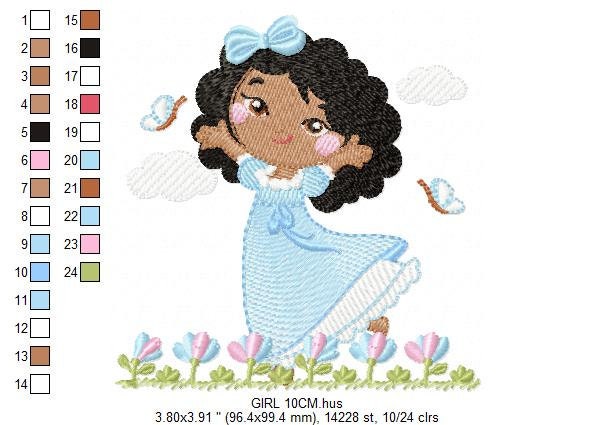 Princess embroidery design - Girl with black curly hair machine embroidery pattern - Baby Girl with flowers file - Instant digital download pes jef dst