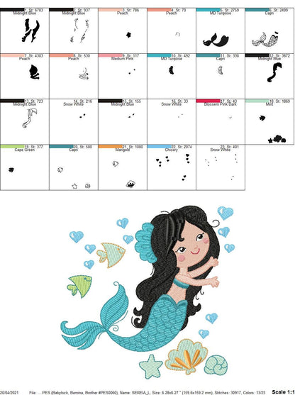 Mermaid embroidery designs - Princess embroidery design machine embroidery pattern - Mermaid rippled design - Girl embroidery file download