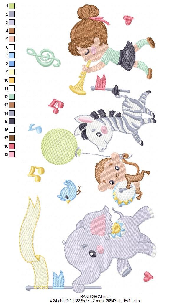 Animal musical band embroidery designs - Musical animals machine embroidery pattern - Elephant Zebra Monkey Bird file - Instant download