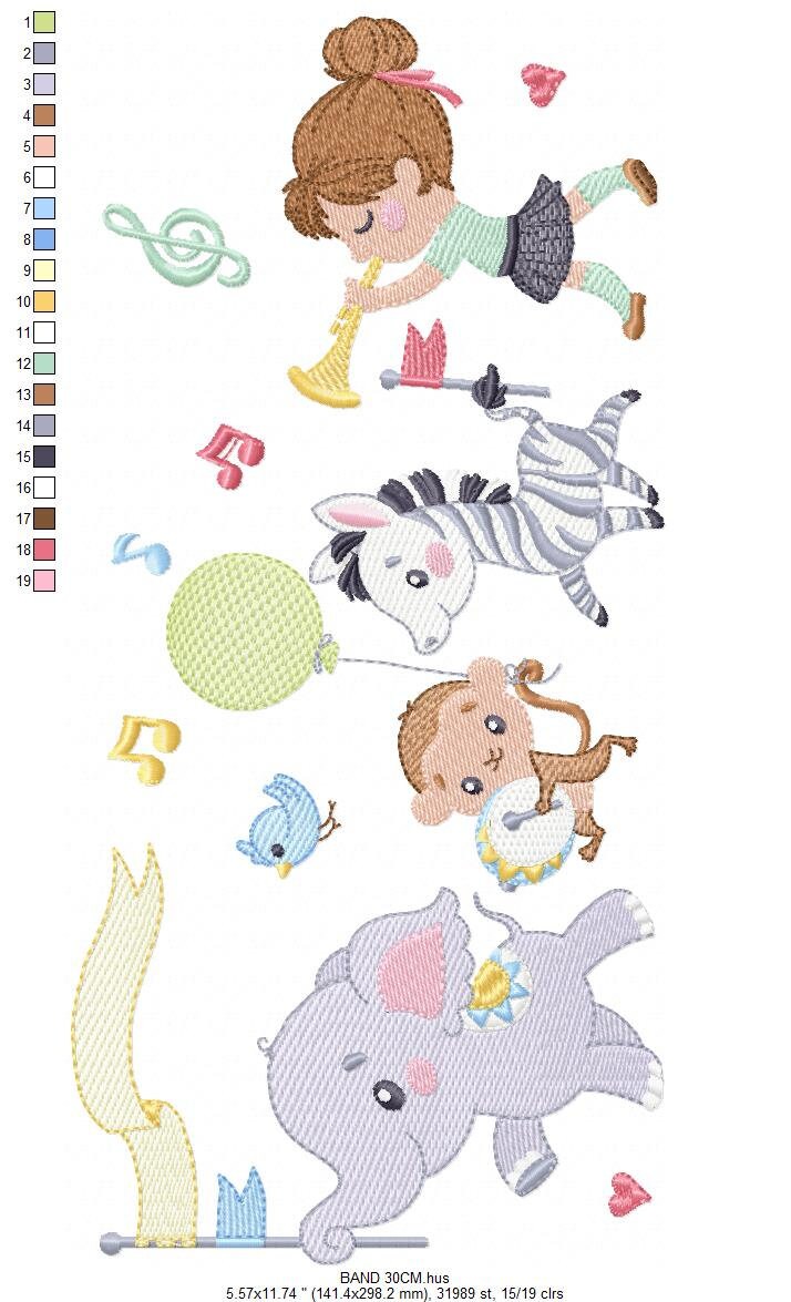 Animal musical band embroidery designs - Musical animals machine embroidery pattern - Elephant Zebra Monkey Bird file - Instant download