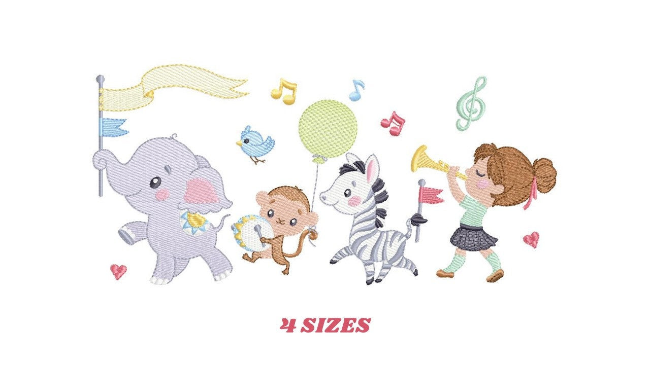 Animal musical band embroidery designs - Musical animals machine embroidery pattern - Elephant Zebra Monkey Bird file - Instant download