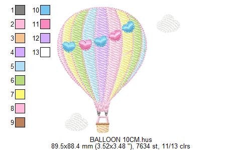 Ballon embroidery designs - Hot air balloon embroidery design machine embroidery pattern - Sky with clouds embroidery - instant download