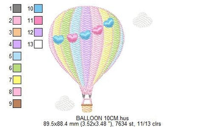 Ballon embroidery designs - Hot air balloon embroidery design machine embroidery pattern - Sky with clouds embroidery - instant download