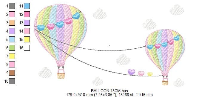 Ballon embroidery designs - Hot air balloon embroidery design machine embroidery pattern - Sky with clouds embroidery - instant download