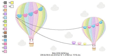 Ballon embroidery designs - Hot air balloon embroidery design machine embroidery pattern - Sky with clouds embroidery - instant download