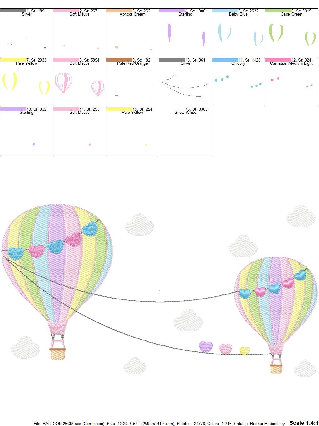 Ballon embroidery designs - Hot air balloon embroidery design machine embroidery pattern - Sky with clouds embroidery - instant download