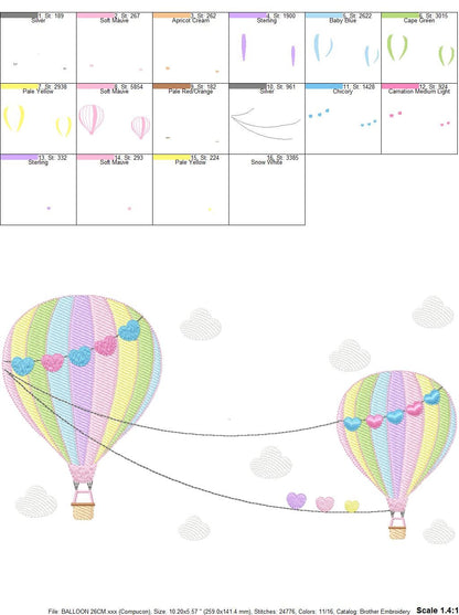 Ballon embroidery designs - Hot air balloon embroidery design machine embroidery pattern - Sky with clouds embroidery - instant download