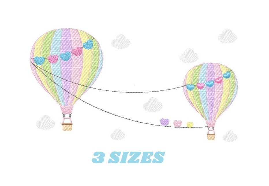 Ballon embroidery designs - Hot air balloon embroidery design machine embroidery pattern - Sky with clouds embroidery - instant download