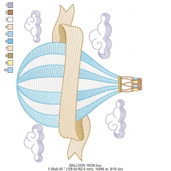Balloon embroidery designs - Hot air balloon embroidery design machine embroidery pattern - Sky clouds embroidery file - instant download
