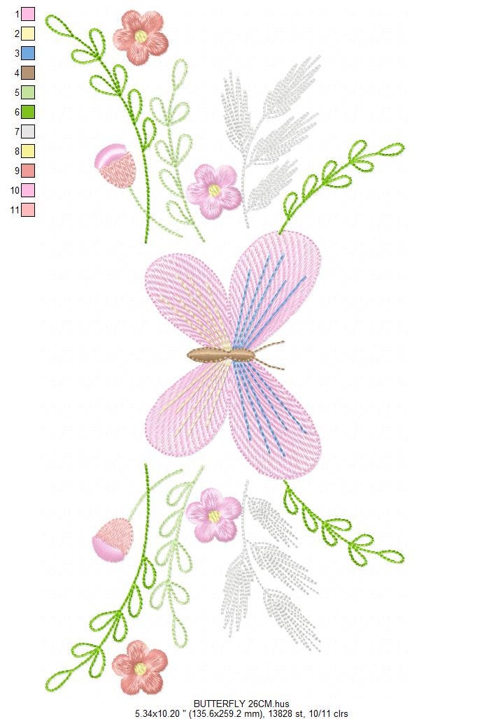 Butterfly embroidery design - Delicate Flowers embroidery designs machine embroidery pattern - baby girl embroidery file - instant download