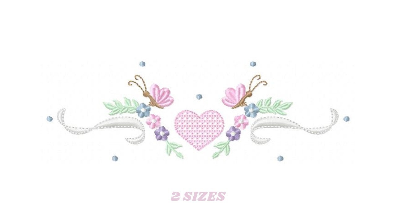Flower Frame embroidery designs - Heart with butterflies machine embroidery pattern - Baby girl file - Instant digital download pes jef dst