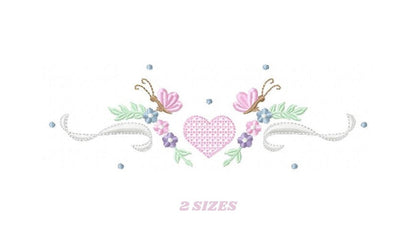 Flower Frame embroidery designs - Heart with butterflies machine embroidery pattern - Baby girl file - Instant digital download pes jef dst