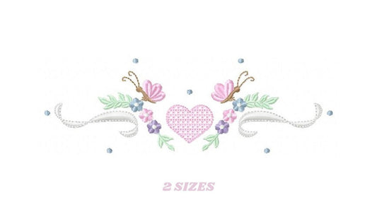 Flower Frame embroidery designs - Heart with butterflies machine embroidery pattern - Baby girl file - Instant digital download pes jef dst