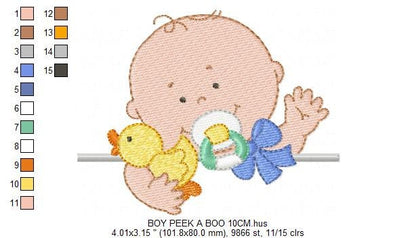 Peek a boo Baby boy embroidery designs - Newborn baby with pacifier and rubber duck machine embroidery pattern - Instant digital download