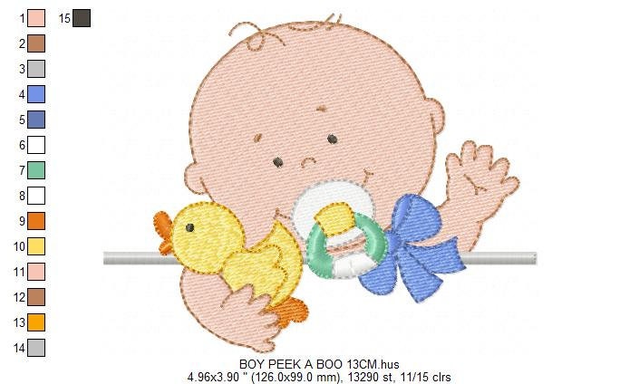 Peek a boo Baby boy embroidery designs - Newborn baby with pacifier and rubber duck machine embroidery pattern - Instant digital download