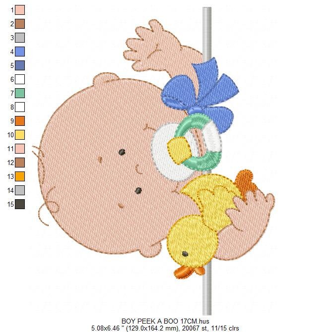 Peek a boo Baby boy embroidery designs - Newborn baby with pacifier and rubber duck machine embroidery pattern - Instant digital download