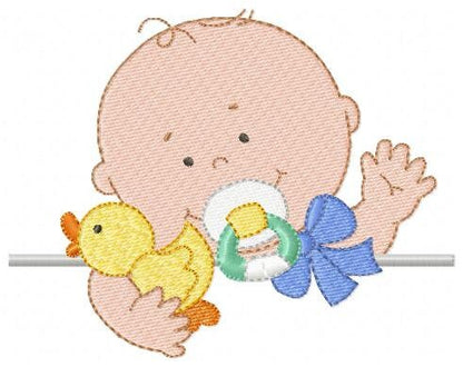 Peek a boo Baby boy embroidery designs - Newborn baby with pacifier and rubber duck machine embroidery pattern - Instant digital download
