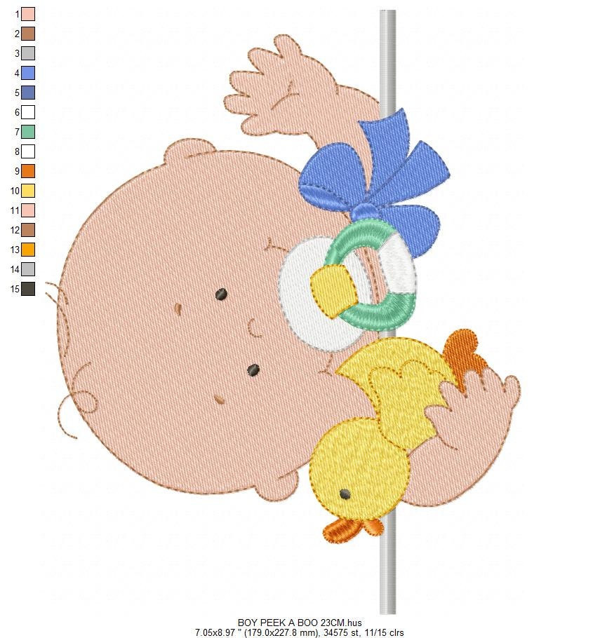 Peek a boo Baby boy embroidery designs - Newborn baby with pacifier and rubber duck machine embroidery pattern - Instant digital download