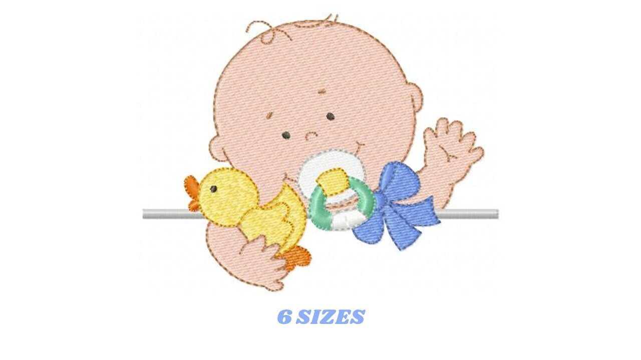 Peek a boo Baby boy embroidery designs - Newborn baby with pacifier and rubber duck machine embroidery pattern - Instant digital download