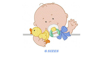 Peek a boo Baby boy embroidery designs - Newborn baby with pacifier and rubber duck machine embroidery pattern - Instant digital download