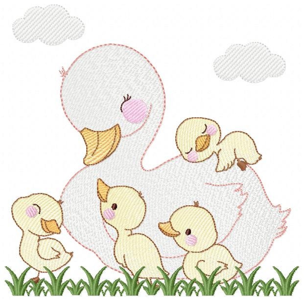 Ducks with grass embroidery design - Duck mama with babies machine embroidery pattern - animal family file - Instant digital download pes