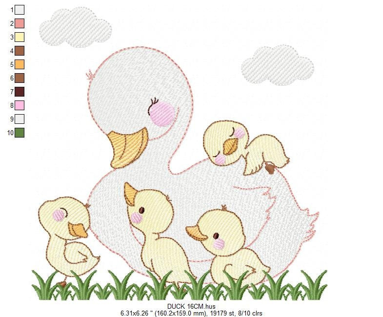 Ducks with grass embroidery design - Duck mama with babies machine embroidery pattern - animal family file - Instant digital download pes
