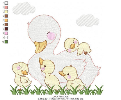 Ducks with grass embroidery design - Duck mama with babies machine embroidery pattern - animal family file - Instant digital download pes