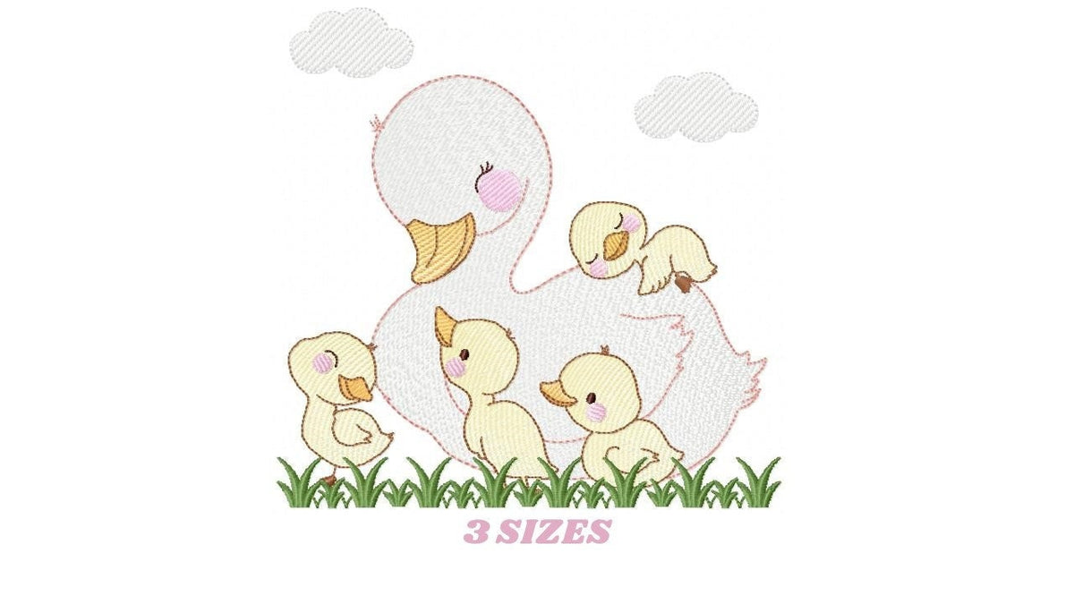 Ducks with grass embroidery design - Duck mama with babies machine embroidery pattern - animal family file - Instant digital download pes