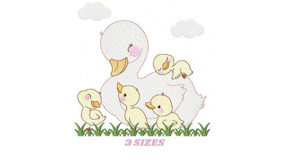 Ducks with grass embroidery design - Duck mama with babies machine embroidery pattern - animal family file - Instant digital download pes