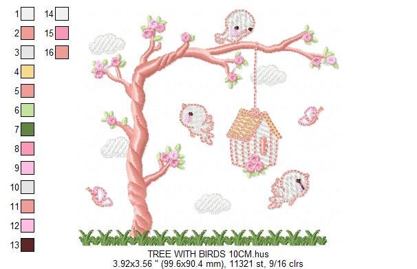 Bird embroidery designs - Bird House machine embroidery pattern - Baby girl embroidery file - Birds with tree - Instant download pes jef dst