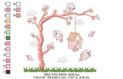 Bird embroidery designs - Bird House machine embroidery pattern - Baby girl embroidery file - Birds with tree - Instant download pes jef dst