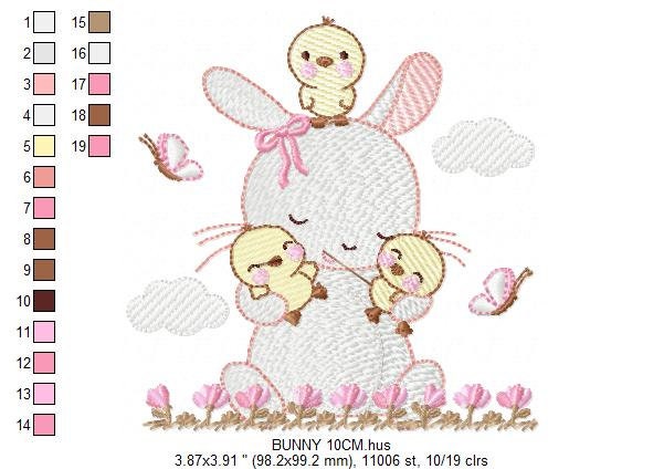 Bunny with birds embroidery design - Rabbit with little chicks machine embroidery pattern - Rabbit with flowers - Instant download pes jef