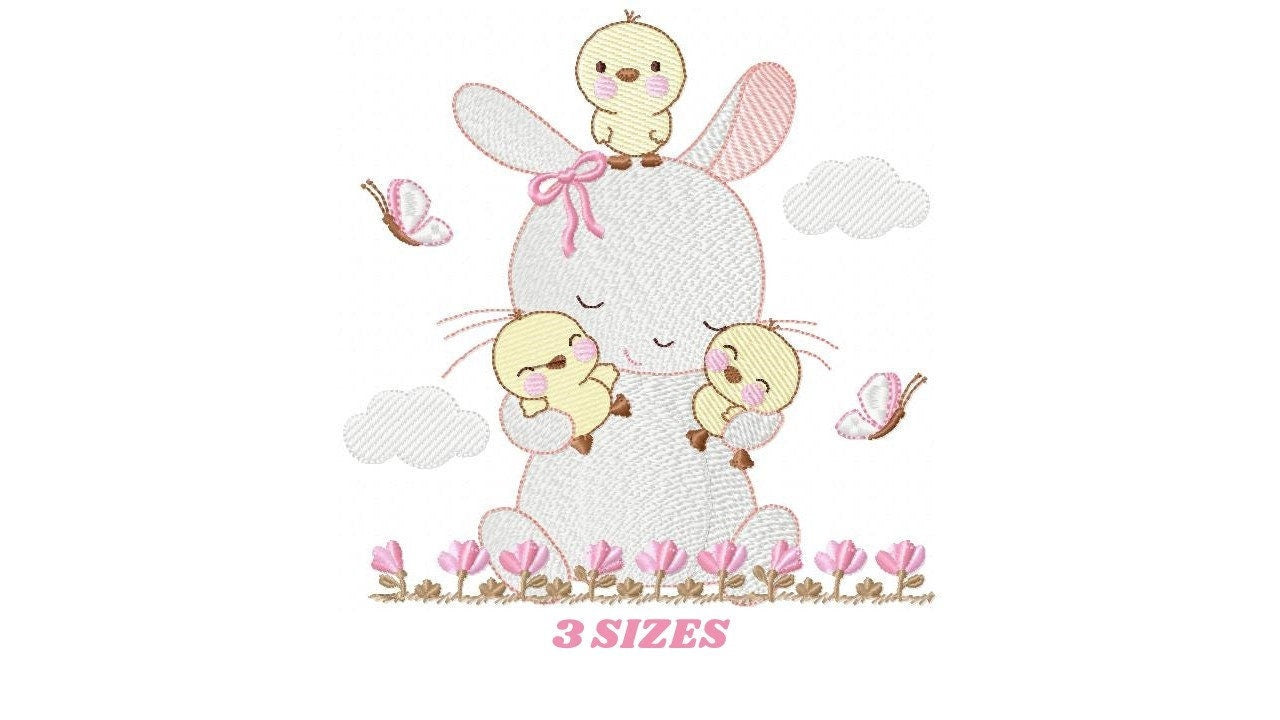 Bunny with birds embroidery design - Rabbit with little chicks machine embroidery pattern - Rabbit with flowers - Instant download pes jef