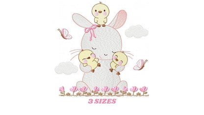 Bunny with birds embroidery design - Rabbit with little chicks machine embroidery pattern - Rabbit with flowers - Instant download pes jef