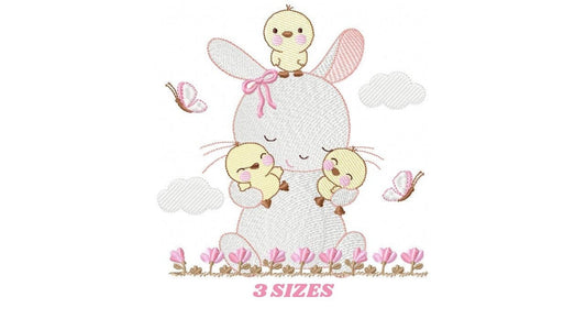Bunny with birds embroidery design - Rabbit with little chicks machine embroidery pattern - Rabbit with flowers - Instant download pes jef