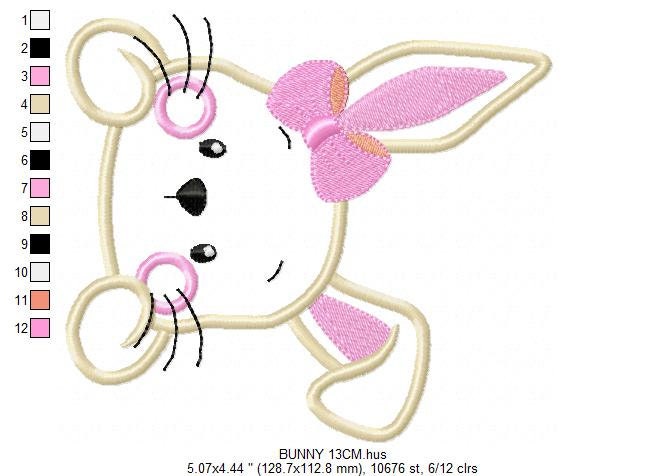 Bunny face with lace embroidery design - Rabbit applique machine embroidery pattern - Baby girl file - Instant digital download pes jef dst