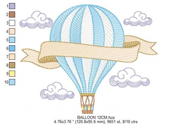 Balloon embroidery designs - Hot air balloon embroidery design machine embroidery pattern - Sky clouds embroidery file - instant download