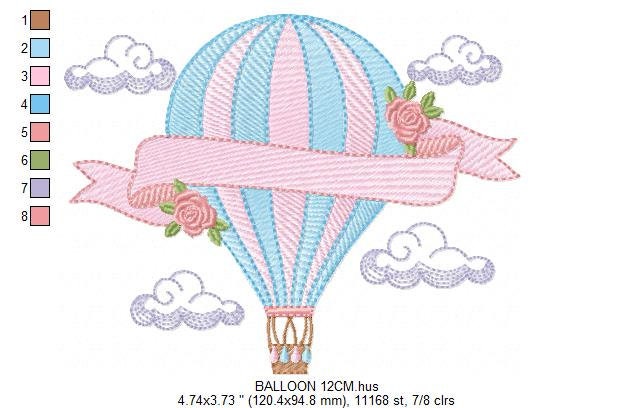 Balloon embroidery designs - Hot air balloon embroidery design machine embroidery pattern - Sky clouds embroidery file - instant download