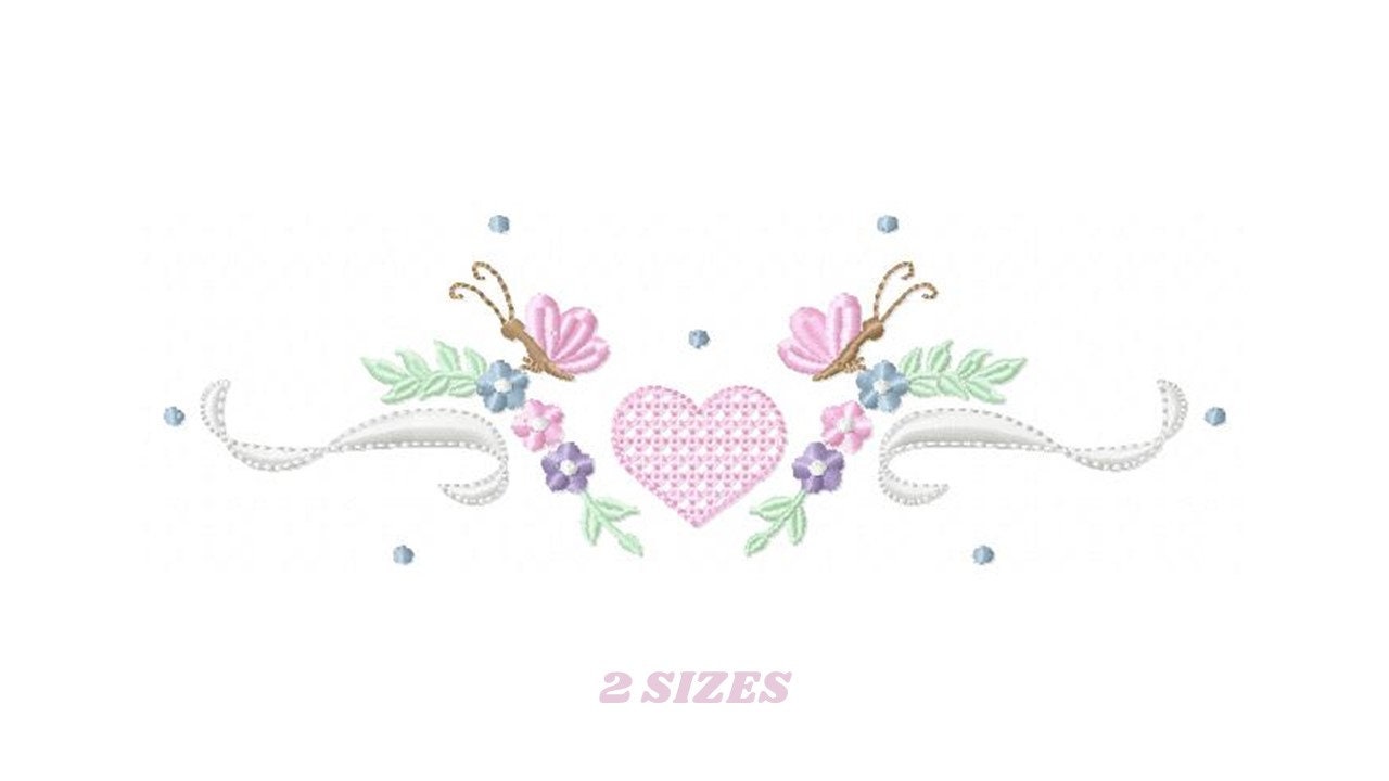Flower Frame embroidery designs - Heart with butterflies machine embroidery pattern - Baby girl file - Instant digital download pes jef dst