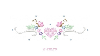 Flower Frame embroidery designs - Heart with butterflies machine embroidery pattern - Baby girl file - Instant digital download pes jef dst