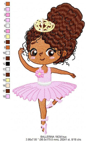 Black Ballerina embroidery designs - Ballet dancer embroidery design machine embroidery pattern - Long Curly hair girl - instant download
