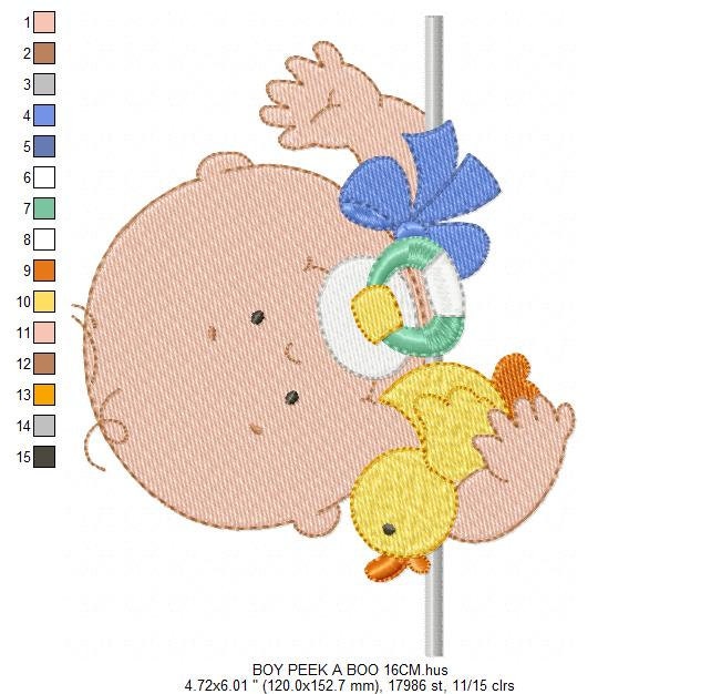 Peek a boo Baby boy embroidery designs - Newborn baby with pacifier and rubber duck machine embroidery pattern - Instant digital download